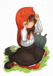  1girl alternate_costume basket blush brown_eyes brown_hair cat_tail chen hood little_red_riding_hood mary_janes multiple_tails pantyhose red_legwear shiba_murashouji shoes short_hair simple_background sitting skirt solo tail touhou wariza 