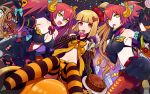  breasts cake candle candy demon_horns food happy_halloween harano highres horns jack-o&#039;-lantern jack-o'-lantern long_hair multiple_girls name_tag open_mouth original pantyhose skirt smile striped striped_legwear thighhighs 