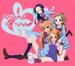  4girls annoyed backpack bag brown_eyes brown_hair cat g-clef_(suite_precure) glasses green_eyes half_updo houjou_hibiki hummy_(suite_precure) kneeling kurokawa_ellen loafers long_hair lowres minamino_kanade multiple_girls overalls pink-framed_glasses pink_background precure purple_hair randoseru school_uniform shirabe_ako shoes short_hair shorts siren_(suite_precure) sitting smile sneakers socks suite_precure two_side_up yellow_eyes zooya 