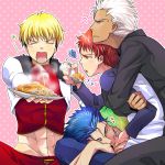  4boys archer blonde_hair blue_hair closed_eyes emiya_shirou eyes_closed fate/stay_night fate_(series) food gilgamesh heart lancer male midriff multiple_boys orange_hair plate raglan_sleeves smile spoon tokie white_hair 