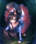  1girl :q animal_ears barefoot black_hair breasts cleavage dress fingernails highres imaizumi_kagerou long_fingernails long_hair red_eyes solo spisanji tail tongue touhou wolf_ears wolf_tail 