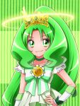  1girl asahi_haru bow brooch choker cure_march green green_background green_eyes green_hair halo hand_on_hip jewelry long_hair magical_girl midorikawa_nao ponytail precure princess_form_(smile_precure!) ribbon smile smile_precure! solo striped striped_background tiara tri_tails 