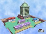  3d commentary drew108 grass house no_humans pokemon pokemon_(game) pokemon_center pokemon_frlg pokemon_mart scenery signature tower 
