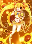  1girl ;d blonde_hair blush boots bow brooch brown_background cure_sunshine floral_background flower hair_ribbon heart heartcatch_precure! highres i-da instrument jewelry light_particles long_hair magical_girl midriff miniskirt myoudouin_itsuki navel open_mouth precure ribbon shiny_tambourine skirt smile solo sunflower tambourine twintails wink wrist_cuffs yellow yellow_eyes 