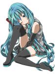  1girl aqua_eyes aqua_hair boots detached_sleeves hatsune_miku long_hair mary0524 necktie simple_background sitting skirt solo thigh-highs thigh_boots thighhighs twintails very_long_hair vocaloid white_background wink 