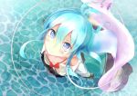  1girl blue_eyes blue_hair blush chippucream denpa_onna_to_seishun_otoko from_above highres long_hair looking_at_viewer off_shoulder partially_submerged smile solo touwa_erio water 