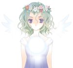  1girl blue_eyes character_request copyright_request detached_wings green_hair head_wreath short_hair solo takigawa_yuu wings 