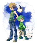  2boys :3 black_eyes blonde_hair brothers closed_eyes creature digimon digimon_adventure eyes_closed gloves hat horn ishida_yamato jeans kudou_akira multiple_boys short_hair shorts siblings smile takaishi_takeru tokomon tsunomon 