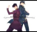  2boys back-to-back black_hair chain crossed_arms gakuran hat higashikata_jousuke ichi0718 jojo_no_kimyou_na_bouken kuujou_joutarou multiple_boys pompadour school_uniform simple_background 