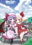  2girls ankle_socks bare_shoulders bat_wings bench blonde_hair blouse blue_sky blush brick_wall buttons cloud clouds collarbone dress flandre_scarlet flower grass hand_holding hat hat_ribbon head_to_head highres holding_hands lavender_hair light_smile looking_at_viewer mob_cap multiple_girls natsuya pantyhose petticoat red_dress red_eyes remilia_scarlet ribbon short_hair short_sleeves siblings side_ponytail sisters sitting skirt sky touhou tree vest wings 