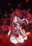  1girl blood bloody_tears elysion flower highres hood kingchenxi lafrenze long_hair parted_lips partially_submerged red_eyes solo sound_horizon spider_lily white_hair 
