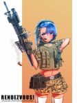 1girl acog assault_rifle belt blue_eyes blue_hair call_of_duty call_of_duty_4 camouflage casing_ejection fanbook female fingerless_gloves genderswap gloves grenade_launcher gun hair_ornament hair_ribbon hairpin headset m16 military navel reloading ribbon rifle shell_casing short_hair siqi_(miharuu) solo thigh-highs thighhighs trigger_discipline vest weapon wristband 