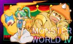  1girl ahoge arabian_clothes armlet asha_(monster_world) bare_shoulders blue_eyes blush bracelet chin_rest earrings genie green_hair highres hoop_earrings jewelry kamiomutsu lips monster_world monster_world_iv muscle pepelogoo ponytail sitting smile tabard v_arms wariza 