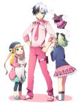  1boy 2girls alternate_color aqua_eyes beret black_hair blazer blush brown_hair capri_pants cat creature elise_lutus elle_mel_martha embarrassed green_hair hat heart leggings long_hair ludger_will_kresnik lulu_(tales_of_xillia_2) multicolored_hair multiple_girls necktie pants pink plaid school_uniform shirt shoes short_hair skirt soranagi suspenders tales_of_(series) tales_of_xillia tales_of_xillia_2 tipo_(xillia) twintails two-tone_hair white_background white_hair 