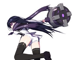  1girl ass black_hair black_legwear buruma from_behind kuroki_rei leaning_forward long_hair looking_at_viewer maul panties purple_eyes sakamoto_mineji school_uniform shoes simple_background solo thigh-highs thighhighs underwear violet_eyes vividred_operation weapon white_background zettai_ryouiki 