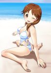  1girl ass barefoot beach blush breasts brown_eyes brown_hair casual_one-piece_swimsuit cleavage idolmaster idolmaster_cinderella_girls katagiri_sanae large_breasts long_hair looking_back low_twintails muhi11234 one-piece_swimsuit open_mouth shiny shiny_skin sitting smile swimsuit twintails wariza wink 