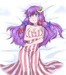  1girl bare_shoulders blue_eyes blush bow breasts cleavage crescent dress hair_bow hair_ornament iwatobi_hiro large_breasts long_hair looking_at_viewer lying no_hat no_headwear on_back patchouli_knowledge purple_hair solo touhou 