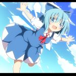  1girl blue_dress blue_eyes blue_hair blue_sky blush bow cirno cloud clouds do_(4-rt) dress hair_bow ice ice_wings letterboxed open_mouth outstretched_arms shirt short_sleeves sky smile solo sun touhou wings 