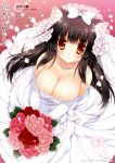  1girl animal_ears black_hair blush bouquet bow breasts brown_eyes cat_ears cleavage collarbone dated dress flower hair_bow hair_flower hair_ornament jewelry konbu_(nyatto!) large_breasts long_hair looking_at_viewer necklace nyatto!_(manga) original petals revision shigunyan smile solo veil wedding_dress 