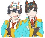  2boys ao_no_exorcist black_hair glasses japanese_clothes kazue_kato multiple_boys official_art okumura_rin okumura_yukio school_uniform sketch smile 