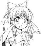  1girl :o ahoge arm_up bow bust face hair_bow hair_tubes hakurei_reimu hands matilda monochrome open_mouth outstretched_hand short_hair solo touhou 