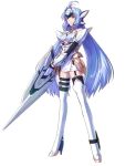  1girl android bare_shoulders blue_hair breasts forehead_protector garter_straps gloves high_heels huge_weapon kos-mos long_hair official_art project_x_zone red_eyes shoes solo sword thigh-highs twintails very_long_hair weapon xenosaga xenosaga_episode_iii 