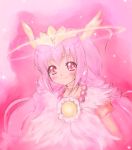  1girl cure_happy halo head_wings hoshizora_miyuki long_hair pink pink_background pink_eyes pink_hair pokomi precure princess_form_(smile_precure!) smile smile_precure! solo sparkle tiara twintails 