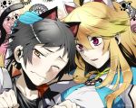 1boy 1girl animal_ears black_hair blonde_hair blush cat_ears coat gloves jude_mathis long_hair milla_maxwell open_mouth red_eyes sinsimo tales_of_(series) tales_of_xillia 