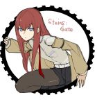  1girl blue_eyes brown_hair flat_chest fourth_wall jacket kimuchi legwear_under_shorts long_hair looking_at_viewer makise_kurisu necktie out_of_frame pantyhose shorts solo steins;gate title_drop 
