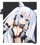  1girl animal_ears aqua_eyes bare_shoulders black_heart breasts choujigen_game_neptune ears elbow_gloves gloves highres kami_jigen_game_neptune_v kemonomimi_mode leaning_forward long_hair looking_at_viewer noire sarvuant smile solo symbol-shaped_pupils twintails very_long_hair white_hair wolf_ears 