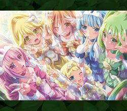  6+girls aoki_reika blonde_hair blue_eyes blue_hair blush candy_(smile_precure!) cure_beauty cure_happy cure_march cure_peace cure_sunny double_v green_eyes green_hair highres hino_akane hoshizora_miyuki inoshishi_(ikatomo) kise_yayoi letterboxed long_hair looking_at_viewer magical_girl midorikawa_nao minamino_kanade multiple_girls open_mouth orange_eyes orange_hair pink_eyes pink_hair precure royal_candy short_hair smile_precure! tiara v wink yellow_eyes 