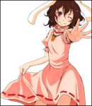  1girl animal_ears ballpoint_pen_(medium) border brown_hair bunny_ears carrot dress foreshortening hands inaba_tewi jewelry looking_at_viewer marker_(medium) necklace outstretched_arm puffy_sleeves rabbit_ears red_eyes s-syogo shikishi short_hair short_sleeves simple_background skirt_hold smile solo touhou traditional_media white_background wink 
