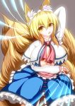  1girl alice_margatroid alice_margatroid_(cosplay) animal_ears arm_up blue_dress breast_lift breasts capelet cleavage dress fox_ears fox_tail hairband hand_behind_head large_breasts looking_at_viewer merry_(diameri) multiple_tails no_pants open_dress open_mouth posing sash short_hair solo tail touhou yakumo_ran yellow_eyes 