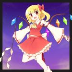  1girl ascot blonde_hair bow cosplay detached_sleeves flandre_scarlet fuuen_(akagaminanoka) hair_bow hakurei_reimu hakurei_reimu_(cosplay) japanese_clothes looking_at_viewer miko open_mouth smile solo touhou wings 