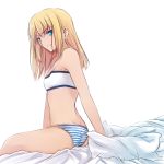  1girl ass back bed_sheet blonde_hair blue_eyes fate/apocrypha fate_(series) flat_chest ladymarta long_hair panties pillow saber_of_red sitting solo striped striped_panties trefoil tubetop underwear underwear_only 