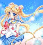  1girl bishoujo_senshi_sailor_moon blonde_hair blue_background blue_eyes bow brooch choker double_bun earrings expressionless gloves hair_ornament hairpin jewelry long_hair lowres magical_girl moon_stick ribbon sailor_collar sailor_moon shirataki_kaiseki skirt solo sparkle tsukino_usagi twintails 