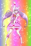  1girl antenna_hair arm_up bike_shorts blue_eyes boots bowtie brooch choker cure_happy cure_happy_(cosplay) cure_happy_pose cure_moonlight dress embarrassed gacchahero head_wings heartcatch_precure! heaven_condition highres jewelry long_hair magical_girl pink_dress precure purple_hair shorts_under_skirt skirt smile_precure! solo sweat tiara tsukikage_yuri twintails wrist_cuffs 