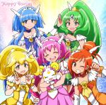  5girls :d aoki_reika blonde_hair blue_eyes blue_hair blush bow candy_(smile_precure!) choker closed_eyes creature cure_beauty cure_happy cure_march cure_peace cure_sunny double_v earrings elbow_gloves english eyes_closed gloves green_eyes green_hair grin hair_tubes head_wings hino_akane hoshizora_miyuki jewelry kidachi kise_yayoi long_hair magical_girl midorikawa_nao multiple_girls open_mouth orange_eyes orange_hair pink_hair ponytail precure smile smile_pact smile_precure! tiara tri_tails twintails v wink wrist_cuffs yellow_eyes 