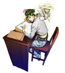  2boys chair earrings green_eyes green_hair headband heaven&#039;s_door heaven's_door highres hu58013901 jewelry jojo_no_kimyou_na_bouken kishibe_rohan midriff multiple_boys pen stand_(jojo) 