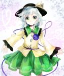  1girl green_eyes hat hat_ribbon komeiji_koishi long_sleeves makuwauri ribbon silver_hair skirt smile solo third_eye touhou 