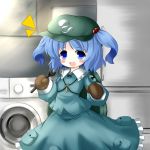  1girl backpack bag blue_eyes blue_hair blush cocozasa hair_bobbles hair_ornament hat kawashiro_nitori key mittens open_mouth pocket short_hair skirt smile solo touhou twintails washing_machine wrench 