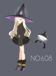  1girl bare_legs blonde_hair blush boots hat high_heels highres kagura_(c_h_r_o_e) lampent long_hair long_sleeves looking_at_viewer personification pokemon pokemon_(creature) pokemon_(game) pokemon_bw ribbed_sweater shoes simple_background solo sweater sweater_dress witch_hat yellow_eyes 