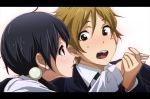  1boy 1girl 71 black_hair blue_eyes brown_eyes brown_hair food kitashirakawa_tamako letterboxed mochi ooji_mochizou ponytail sitting tamako_market wagashi 