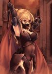  1girl armor armpits arms_up blonde_hair breasts cape cleavage elbow_gloves gauntlets gloves greaves kirishima_satoshi large_breasts original ponytail red_eyes solo sword thigh-highs thighhighs weapon 