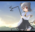  1girl animal_ears basket capelet fuuen_(akagaminanoka) grey_hair letterboxed looking_at_viewer mouse mouse_ears mouse_tail nazrin red_eyes smile solo tail touhou 