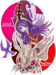  1girl animal_ears blush character_name claws fairy fang fingernails green_eyes hat index_finger_raised kog&#039;maw kog'maw koji45hiro league_of_legends long_hair lulu_(league_of_legends) open_mouth purple_hair purple_skin raised_finger red_eyes riding teeth witch_hat 