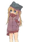  1girl blue_eyes blush brown_hair covered_mouth hat hat_with_ears long_hair long_sleeves mizuki_(koko_lost) naked_sweater neon_genesis_evangelion oversized_clothes shikinami_asuka_langley solo soryu_asuka_langley souryuu_asuka_langley sweater 