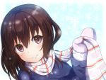  1girl blush brown_eyes brown_hair coat lens_flare looking_at_viewer mittens mount_whip original scarf short_hair smile snowflakes solo 