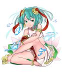  1girl anklet aqua_hair barefoot bracelet crossed_legs green_eyes hair_ornament highres jewelry kineshin123 lakshmi_(p&amp;d) legs_crossed puzzle_&amp;_dragons sitting solo twintails 