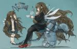  2girls android brown_hair cup curly_hair glasses grey_eyes high_heels long_hair mechanical_wings microphone multiple_girls original pantyhose polo_(pixiv1844541) robot_joints robot_wings robotic_arms school_uniform serafuku shoes sitting teacup teapot very_long_hair video_camera wings 